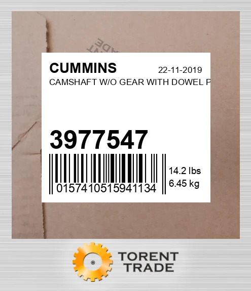 3977547 Розподільний вал без шестерні з DOWEL Палець CUMMINS NEW AFTERMARKET